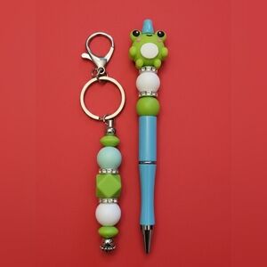 Kids Blue and Green Bead Pen with Keyring - Unbranded